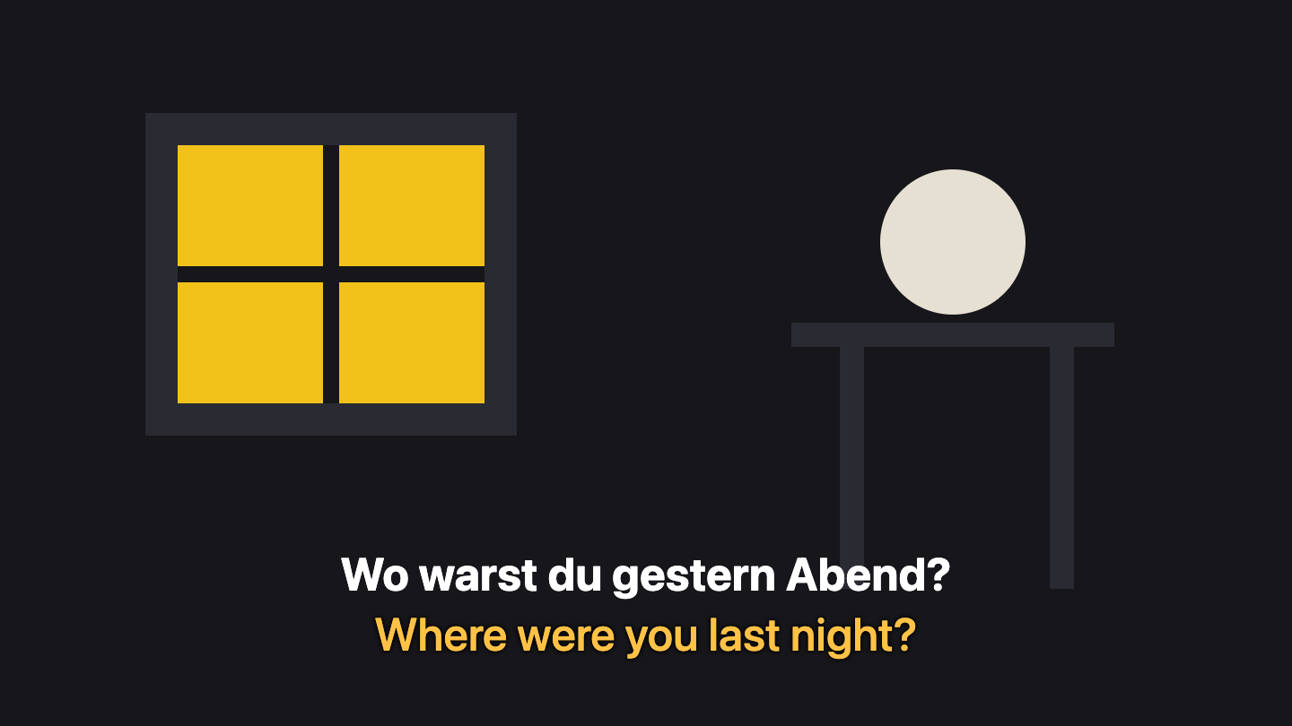 A caption frame with the German subtitle in white and its English translation in yellow underneath