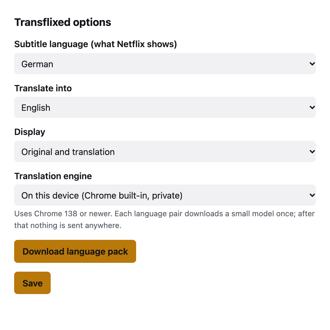 The Transflixed options page with language, display and translation engine settings