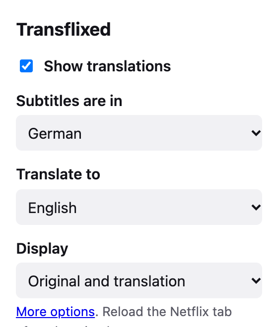 The Transflixed popup with a switch, two language menus and a display menu